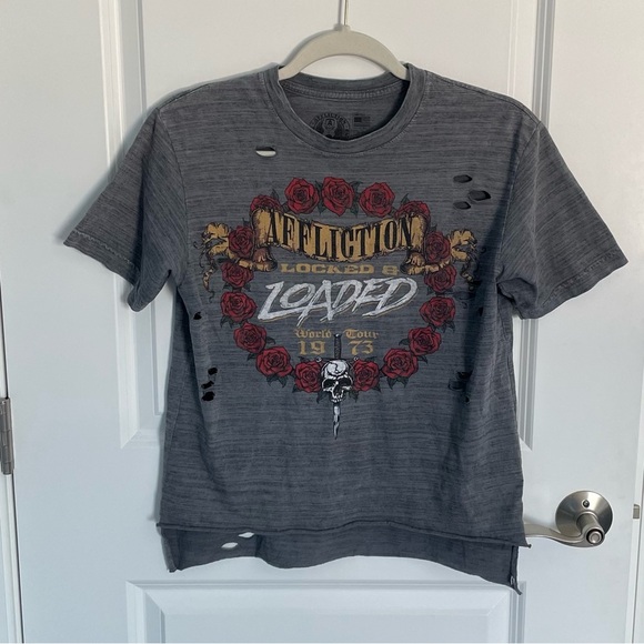Affliction locked and loaded distressed gray t-Shirt tee skulls 35427 - Picture 7 of 10